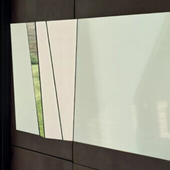 Superior Bontempi Illusion mirror crafted in Italy with faceted glass and dark-toned wood, presenting a glossy finish