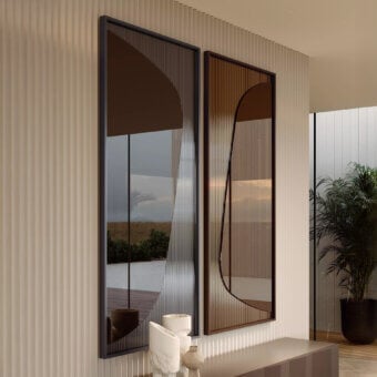 Distinguished Bontempi Impero mirror with smooth and ribbed glass in a dark brown satin-finish wood frame and textured vertical slats