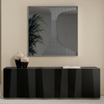 Elegant Bontempi Impero mirror crafted in Italy with subtly ribbed neutral gray glass and a softly undulating surface
