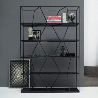 Exceptional Bontempi Lexington bookcase crafted in Italy with sleek metal and matte black finish, exhibiting a geometric framework