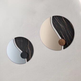 Exceptional Bontempi Luxor mirror with overlapping dark marble-effect and reflective surfaces plus glossy finish