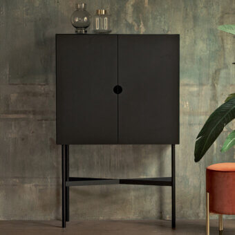 Superior Bontempi Madison bar cabinet crafted with wood in a matte dark finish and clear glass shelving