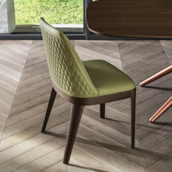 Superior Bontempi Margot chair with quilted olive-green textile and satin-finish medium-brown wood frame