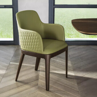 Elegant Bontempi Margot chair with quilted olive green textile and satin wood frame