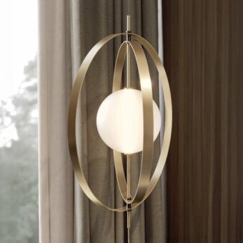 Captivating Bontempi Papillon floor lamp crafted in delicate metal with satin warm golden finish and elliptical rings encircling opaque glass
