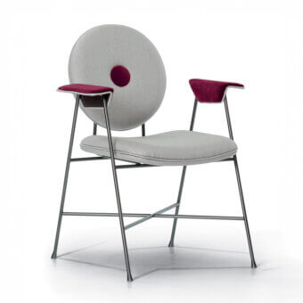 Distinguished Bontempi Penelope chair with gracefully curved silhouette, textured light gray textile and burgundy armrests, satin-finished metal frame