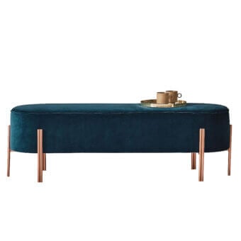 Lavish Bontempi Puffoso bench with elegantly curved form upholstered in matte teal velvet and rose-gold metal legs