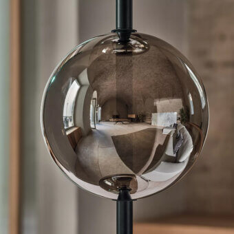 Superior Bontempi Sferatus floor lamp with sculpted borosilicate glass sphere and metallic silver polished metal construction