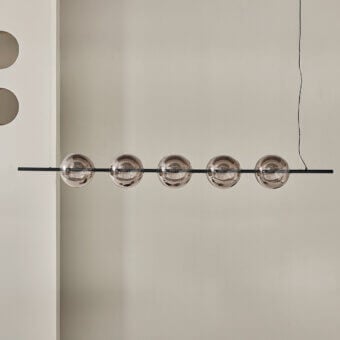 Elegant Bontempi Sferatus suspension lamp with amber-toned borosilicate glass spheres and a sleek matte black metal finish