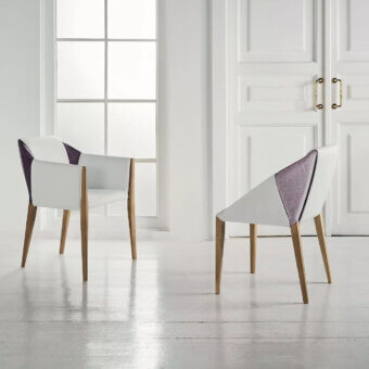 Distinguished Bontempi Sveva chair with white molded shell, muted purple textured upholstery and refined light wood legs