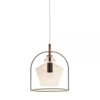 Exclusive Bontempi Swing suspension lamp with an arched bronze metal frame and exquisitely blown clear glass shade