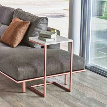 Exceptional Bontempi Tower side table with satin rose-gold metal and polished marble-look tabletop crafted in Italy