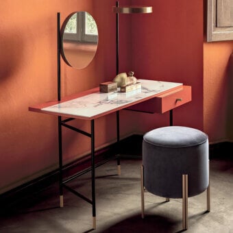 Refined Bontempi Vanity Desk with white marble-like synthetic tabletop and reddish-brown wood drawer in satin finish with a black metal frame
