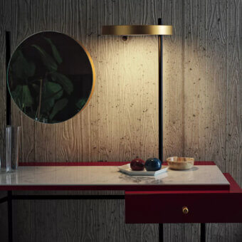 Superior Bontempi Vanity Desk with reddish-burgundy wood and matte white marble-look tabletop crafted in glossy finish