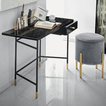 Distinguished Bontempi Vanity Desk with dark stone-like surface and black metal frame accented with gold finish