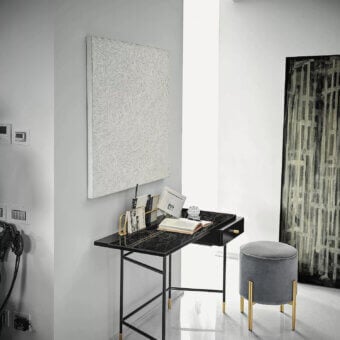 Elegant Bontempi Vanity Desk with polished stone tabletop and black metal frame accented with gold details