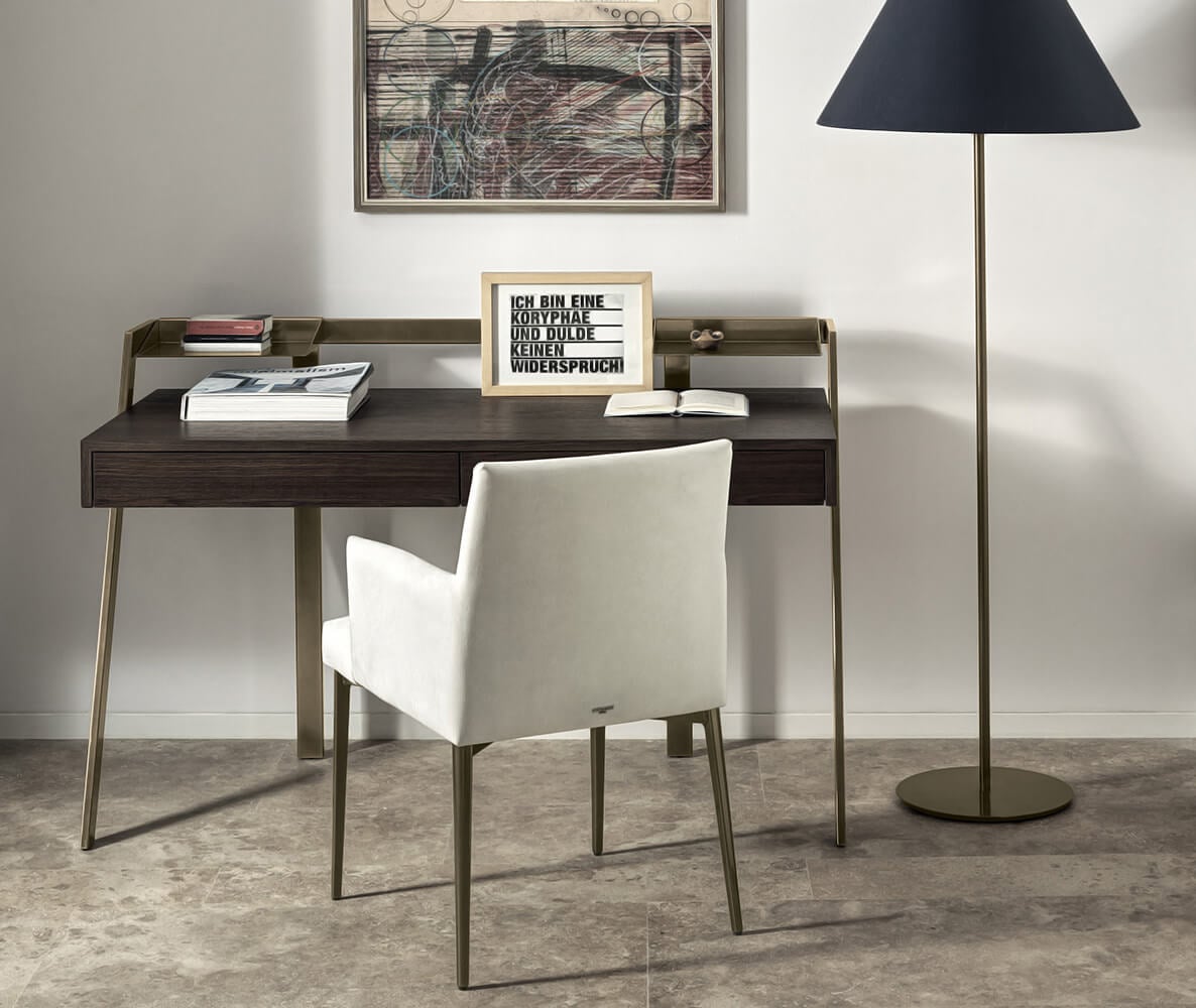 Elegant Bontempi Zac desk in dark brown wood with satin finish and brass-toned metal legs crafted with integrated wooden drawers and steel trays