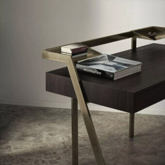 Superior Bontempi Zac desk in dark brown wood with satin finish and sleek silver-grey metal frame