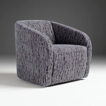 Elegant Egoitaliano Carlotta lounge chair with textured blue-gray-purple textile upholstery and round tubular steel swivel base