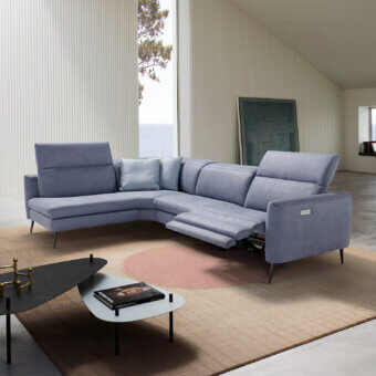 Exceptional Egoitaliano Dusk sectional upholstered in muted grayish-blue textile with visible stitching and painted metal legs