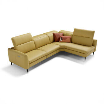 Distinguished Egoitaliano Dusk sectional upholstered in muted golden yellow synthetic material with painted metal legs