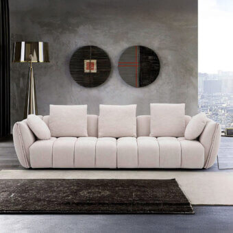 Superior Egoitaliano Eros sofa with pale beige textured textile upholstery and black ABS feet