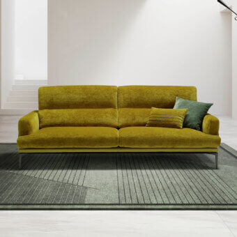 Distinguished Egoitaliano Feng sofa with plush muted golden yellow textile upholstery and dark epoxy powder-coated metal legs