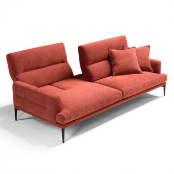 Distinguished Egoitaliano Feng sofa with reddish-orange woven fabric upholstery and black epoxy powder-coated metal legs