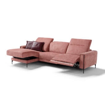 Superior Egoitaliano Gary sectional with rose upholstery, dark metal legs and smooth brown leather pillows