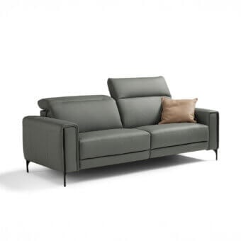 Superior Egoitaliano Gary sofa with smooth gray-green synthetic upholstery and slender dark metal legs with epoxy powder finish