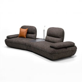 Distinctive Egoitaliano Hoops modular sofa with dark gray textured textile upholstery, warm brown cushion and integrated wireless charger lamp