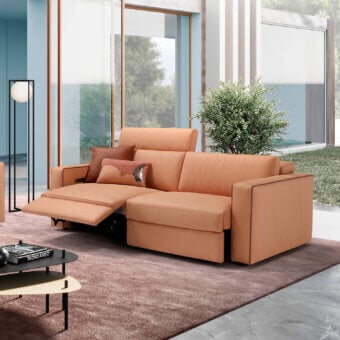 Distinguished Egoitaliano Kuby sofa in terracotta leather with electric recline mechanisms and detailed piping