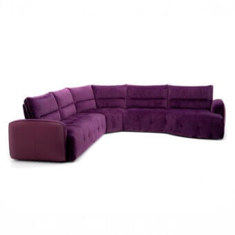 Distinguished Egoitaliano Mavie sectional with plush matte plum textile upholstery and dark purple synthetic armrests crafted in Italy
