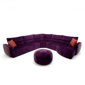 Exceptional Egoitaliano Mavie sectional with enveloping curves upholstered in plush matte purple textile and contrasting cushions