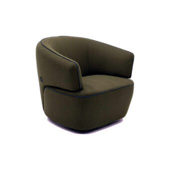Superior Egoitaliano Momo lounge chair with textured olive green fabric and dark navy Lycra trim built with wood and polyurethane foam padding