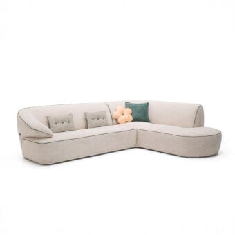 Elegant Egoitaliano Momo sectional with subtly textured light neutral beige fabric and black ABS feet