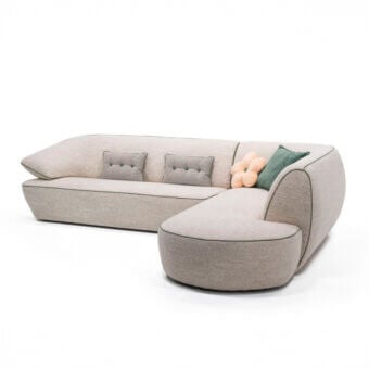 Superior Egoitaliano Momo sectional with a uniquely curved silhouette and soft textured light neutral gray fabric upholstery