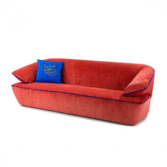 Sumptuous Egoitaliano Momo sofa with vibrant red velvet upholstery and distinctive Lycra piping crafted with a wood frame and black ABS feet
