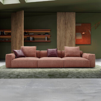 Exceptional Egoitaliano Plaza sofa with muted rose textile upholstery and darker burgundy cushions crafted in wood frame construction