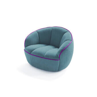 Distinctive Egoitaliano Shai lounge chair with enveloping form upholstered in textured matte teal fabric and purple trim