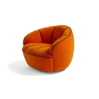 Superior Egoitaliano Shai lounge chair with rounded cocoon form crafted in textured textile material and vibrant orange upholstery