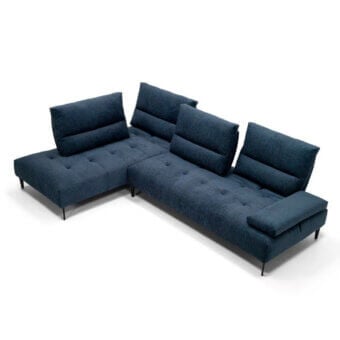 Exceptional Egoitaliano Tate sectional with deep blue textile upholstery and sleek black tapered legs
