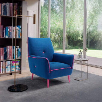 Exceptional Egoitaliano Yuki lounge chair upholstered in bi-elastic technical fabric with lycra profiles and pink trim