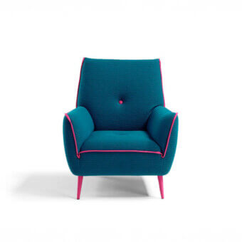 Distinguished Egoitaliano Yuki lounge chair upholstered in teal bi-elastic fabric with pink accents and matte finish