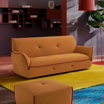 Captivating Egoitaliano Yuki sofa with warm orange bi-elastic technical fabric and decorative button detailing crafted in Italy