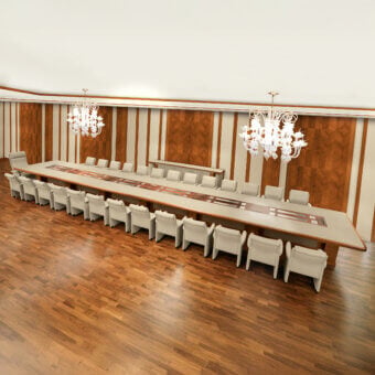 Distinguished Mascheroni Giubileo conference table with leather tabletop and multilayer wood briar structure in warm brown and beige accents
