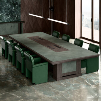Distinguished Mascheroni Giubileo conference table with leather tabletop and multilayer wood structure in satin medium-brown finish