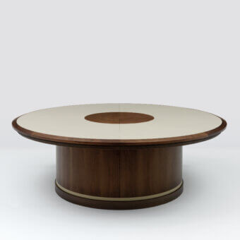 Distinguished Mascheroni Giubileo round conference table with ox leather and walnut wood tabletop, satin finish and cylindrical base
