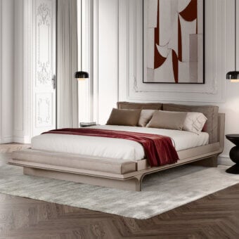 Elegant Mascheroni Jazz Benny bed with neutral beige textile upholstery and a solid wood structure built with a durable steel frame