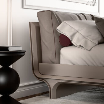 Exceptional Mascheroni Jazz Benny bed with pale beige fabric upholstery, a curved form and integrated cushions built with wood and steel